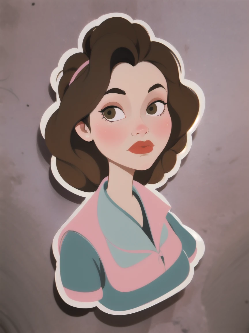 (detailed finished artwork, sticker), Kat Dennings face,  Annie Hughes, random hair length, elegant 50s hairstyle, 1950s pink waitress uniform with apron, brunette, upper body, detailed face, simple background, random color background, western cartoon-style, solo, alone, detailed expressive eyes,