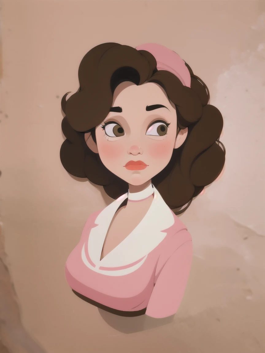 (detailed finished artwork, sticker), Kat Dennings face,  Annie Hughes, random hair length, elegant 50s hairstyle, 1950s pink waitress uniform with apron, brunette, upper body, detailed face, simple background, random color background, western cartoon-style, solo, alone, detailed expressive eyes,