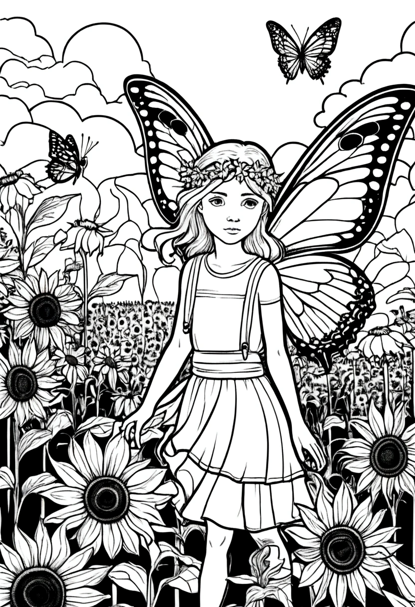 (A black and white coloring book:1.5), A fairy playing hide and seek with a butterfly in a field of sunflowers, white background, colouring page, clean outline