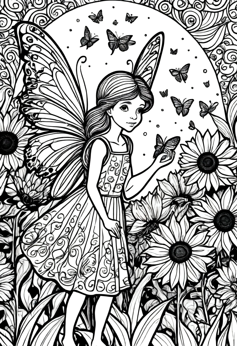 (A black and white coloring book:1.5), A fairy playing hide and seek with a butterfly in a field of sunflowers, white background, colouring page, clean outline