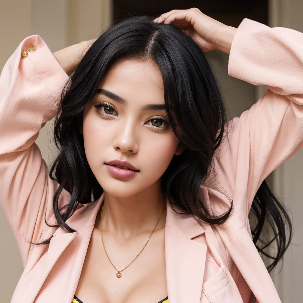 A beautiful girl hd image with black hair pink lips and yellow suit 