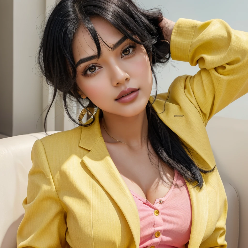 A beautiful girl hd image with black hair pink lips and yellow suit