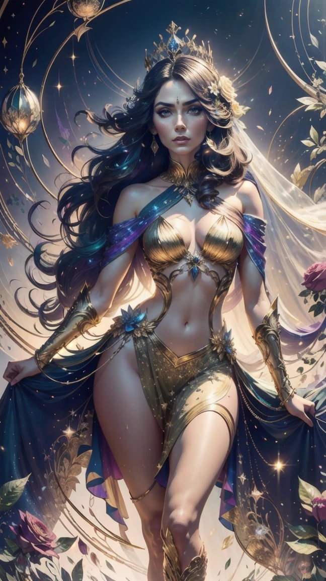 On a cosmic background an explosion of iridescent energy in golden tones and rainbow colors, ((in the foreground)), ((in half body from the knee up)), a divine figure of a delicate woman, high quality, UHD, perfect features, slightly wavy hair, gold crown and a tiara of small colorful flowers, soft floral veil falling on the shoulders. In her hands she holds a small shining star, roses of various colors adorn this ethereal figure, splashes of colored lights in the form of a blurred vignette.