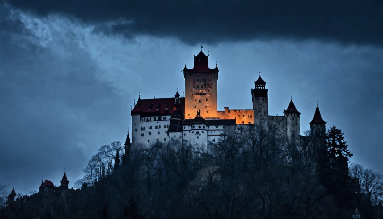 An image of Bran Castle with a dark, stormy sky in the background. Overlay a shadowy, vampire-like figure or a ghostly apparition of Vlad the Impaler, with glowing red eyes for added effect.