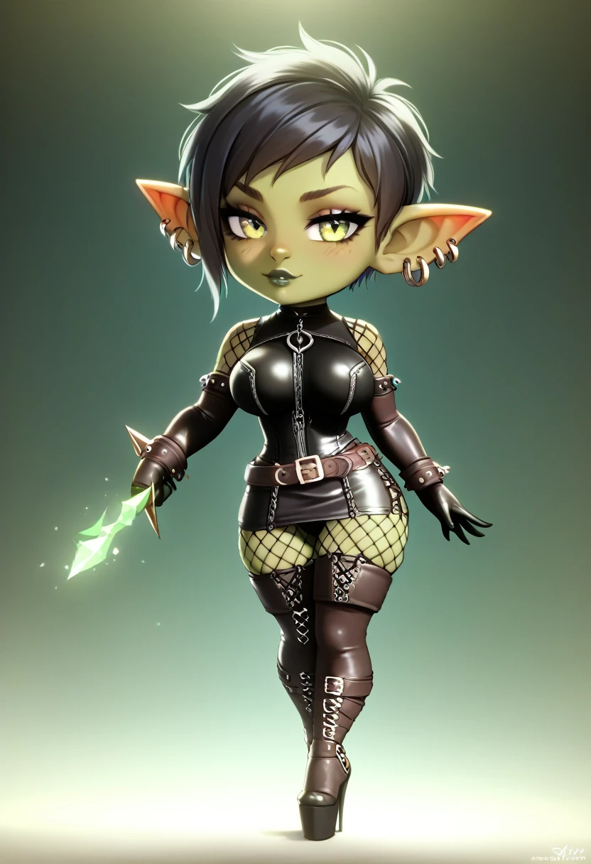 Girl, goblin girl, goblin, green skin, short, short stature,short hair, black hair, large breasts, miniskirt, latex, long gloves, thigh boots, goth, pouty lips, masterpiece, best quality, sexy, dynamic pose, 8k, shortstack, sfw, shiny, fantasy, dungeons and dragons, high heels,  fishnets, holding, dark green skin, adventurer, barbarian, armor, sexy armor, skintight armor, dark colors, latex miniskirt, sexy pose, skirt