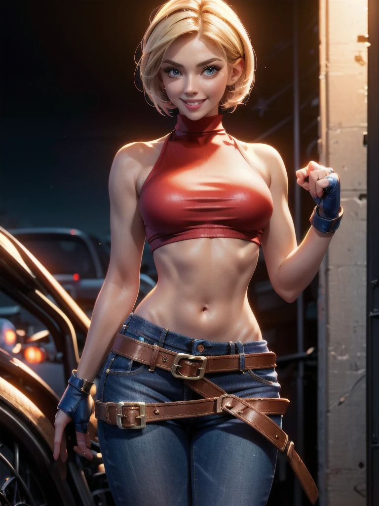 30-year-old woman, alone, athletic, jacket, semi-short blonde hair, wears a tight red crop top, wears blue jeans with a large star painted inside a circle on her left leg, has a huge brown belt hanging almost falling off his waist, wears blue fingerless gloves, wears brown boots, smiling in front of the viewer, pointing at the viewer, high resolution, absurd, intricate, sharp focus, sunset on the beach, 40 megapixels , 500 dpi, best quality, masterpiece, high resolution, perfect image, highly detailed, high contrast, digital colors, simple, medium shot, cinematic, ultra sharp focus, award-winning photography, perfect contrast, high sharpness, depth of field, photography ultra detailed, global illumination, fluid, ultra high definition, 8k, Unreal Engine 5, ultra sharp focus, award winning photography, art season trends,
