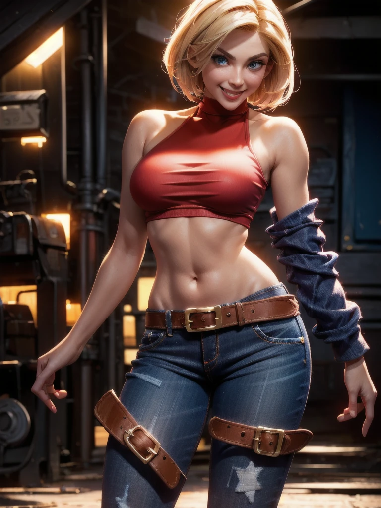 30-year-old woman, alone, athletic, jacket, semi-short blonde hair, wears a tight red crop top, wears blue jeans with a large star painted inside a circle on her left leg, has a huge brown belt hanging almost falling off his waist, wears blue fingerless gloves, wears brown boots, smiling in front of the viewer, pointing at the viewer, high resolution, absurd, intricate, sharp focus, sunset on the beach, 40 megapixels , 500 dpi, best quality, masterpiece, high resolution, perfect image, highly detailed, high contrast, digital colors, simple, medium shot, cinematic, ultra sharp focus, award-winning photography, perfect contrast, high sharpness, depth of field, photography ultra detailed, global illumination, fluid, ultra high definition, 8k, Unreal Engine 5, ultra sharp focus, award winning photography, art season trends,
