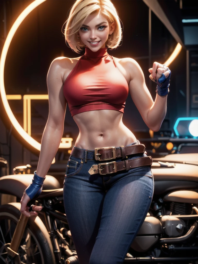 30-year-old woman, alone, athletic, jacket, semi-short blonde hair, wears a tight red crop top, wears blue jeans with a large star painted inside a circle on her left leg, has a huge brown belt hanging almost falling off his waist, wears blue fingerless gloves, wears brown boots, smiling in front of the viewer, pointing at the viewer, high resolution, absurd, intricate, sharp focus, sunset on the beach, 40 megapixels , 500 dpi, best quality, masterpiece, high resolution, perfect image, highly detailed, high contrast, digital colors, simple, medium shot, cinematic, ultra sharp focus, award-winning photography, perfect contrast, high sharpness, depth of field, photography ultra detailed, global illumination, fluid, ultra high definition, 8k, Unreal Engine 5, ultra sharp focus, award winning photography, art season trends,
