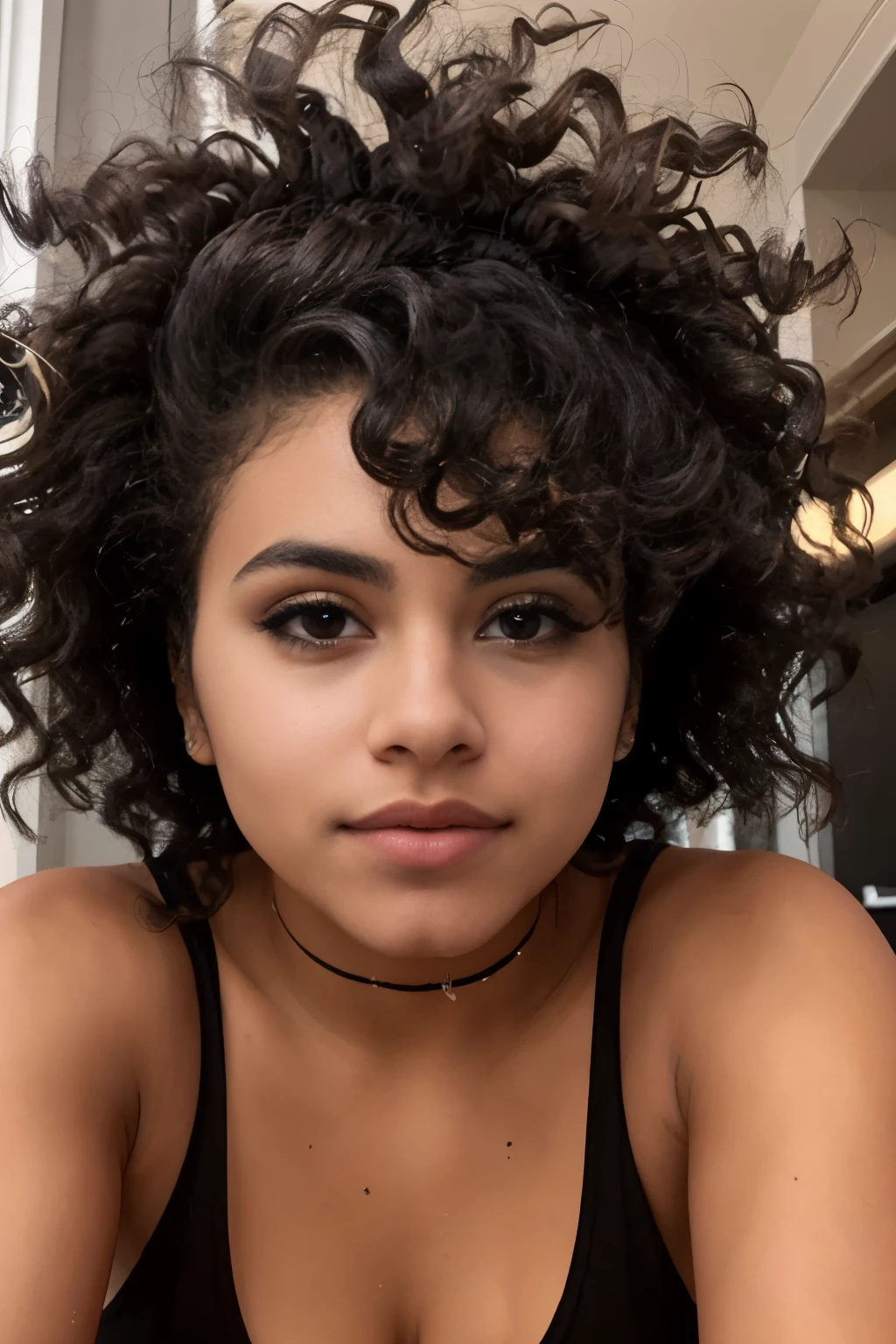 Young 19 years old cuban mixed italian woman, high cheekbones, glamourous gaze, curly brown hairs, long eyelashes, almond eye shape, shiny look, studio lightening
