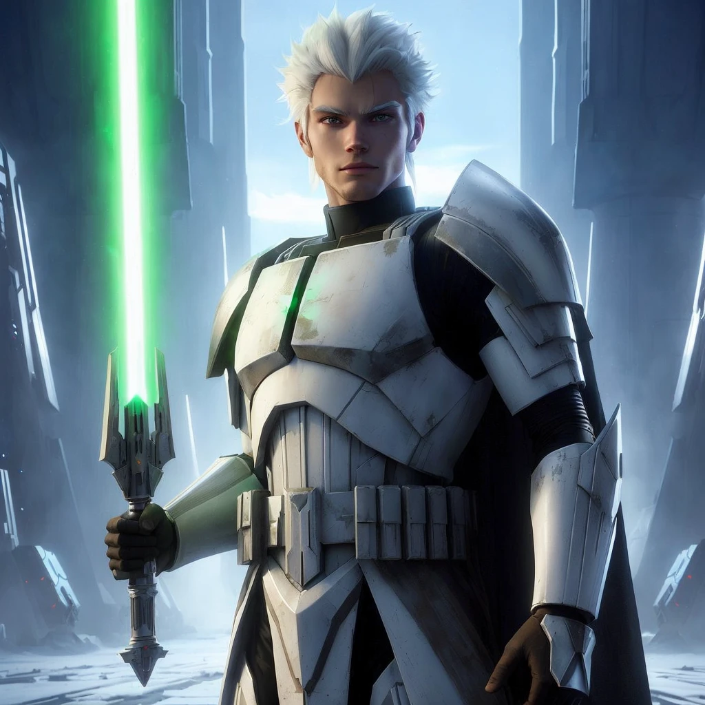 full-body shot, star wars the clone wars art style, young tall and brawny, pale white albino skin, white skin, pale skin, albino skin, subtle grin, long spiky white hair, thick white eyebrows, pink eyes, bastard greatsword, larger thicker flat green plasma blade, metal knight plate armor with a pauldron, bright Coruscant day, space station in the background, solo, in a sword stance, heroic