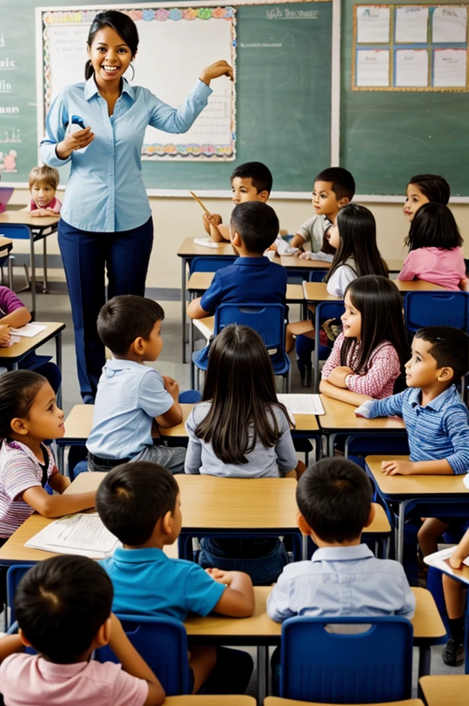 A teacher surrounded by children in a classroom