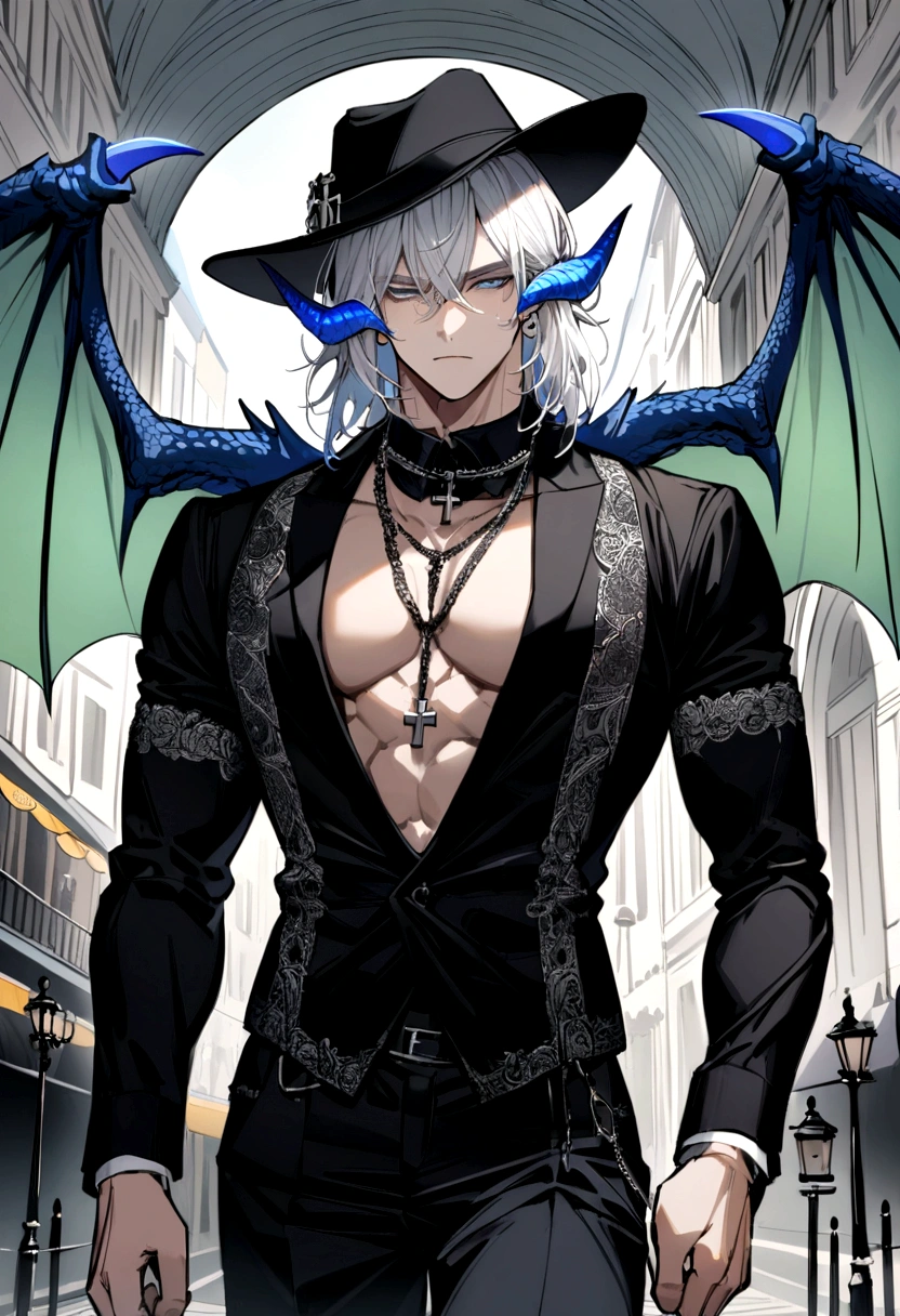 homen,Strong muscles, short white hair, best quality,open chest vest, blue and black clothes, Dragon Wings, black cloth on face, silver cross chain on neck, long brimmed black fedora hat with black and blue dragon horns on hat with blue horns on hat, in paris