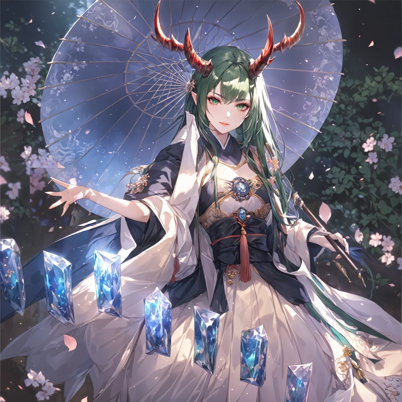masterpiece, best quality, Fantasy aesthetics, Highly detailed, shadowverse style, female, japanese style, dark green hair, dragon horn
