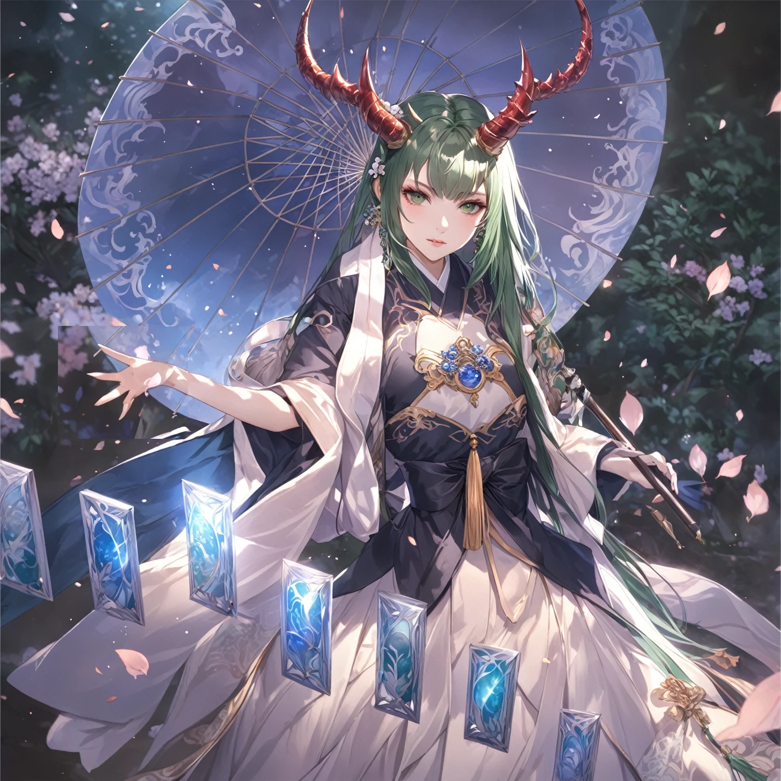 masterpiece, best quality, Fantasy aesthetics, Highly detailed, shadowverse style, female, japanese style, dark green hair, dragon horn