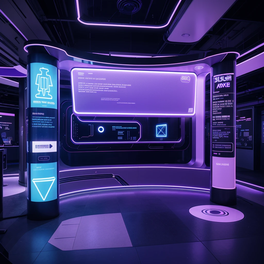 futuristic exhibition booth, high-tech design, vibrant purple and blue neon lights, modern architecture, sleek curves, interactive displays, digital screens, people exploring, advanced technology, highly detailed, photorealistic, 8K, professional lighting