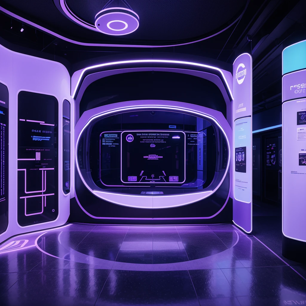 futuristic exhibition booth, high-tech design, vibrant purple and blue neon lights, modern architecture, sleek curves, interactive displays, digital screens, people exploring, advanced technology, highly detailed, photorealistic, 8K, professional lighting