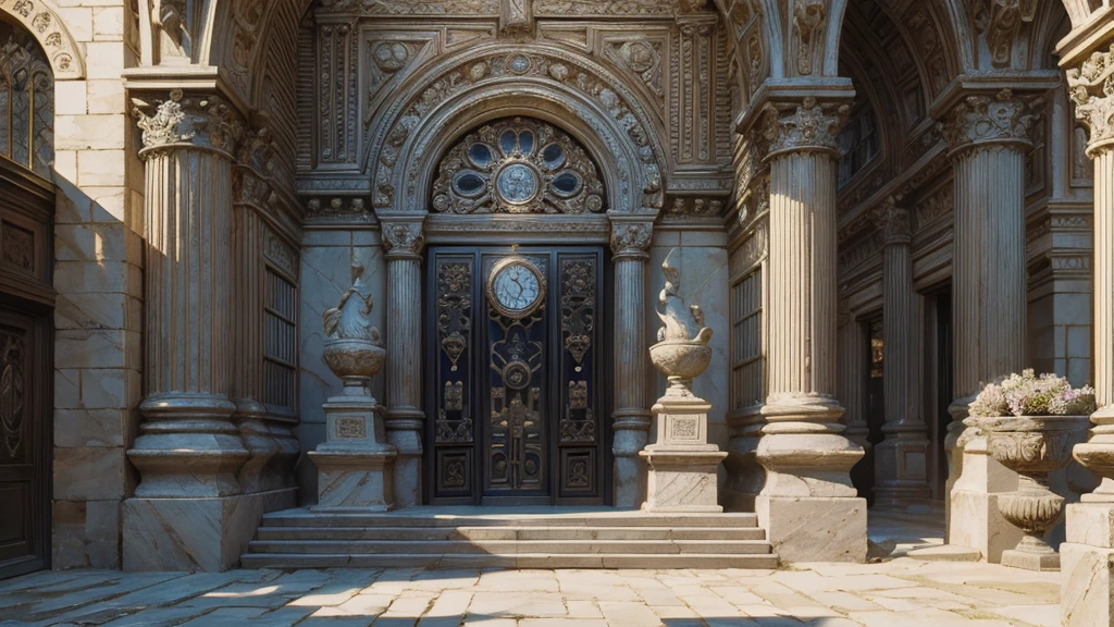 (8K, 16K, The award-winning, best quality, Maximum resolution, Super Detail, High Detail, Anatomically correct, masterpiece),逼真的全身希腊白色Marble Clock，古老的Timing mechanism, exquisite craft , Rare and precious, The intricate details are real，Marble Clock，Fine carving,Timeless vintage,Stale and rustic,Ancient craft,shadows and light,Cultural Relics,Timing mechanism,Nostalgia,charm,Retro aesthetics,weathered beauty,Ancient bell,grow old gracefully,Stone carving and craftsmanship,Precise marking,Entwined vines and flowers,Entrance,weathered beauty and personality,Backyard Touchpoints,Gorgeous details,A symbol of eternity,Past and Present,Engraving calligraphy,Art Design+"]，Scene， Ultra Detailed， Hyper-photorealism， Bright Lights， 8K&#39;&#39;