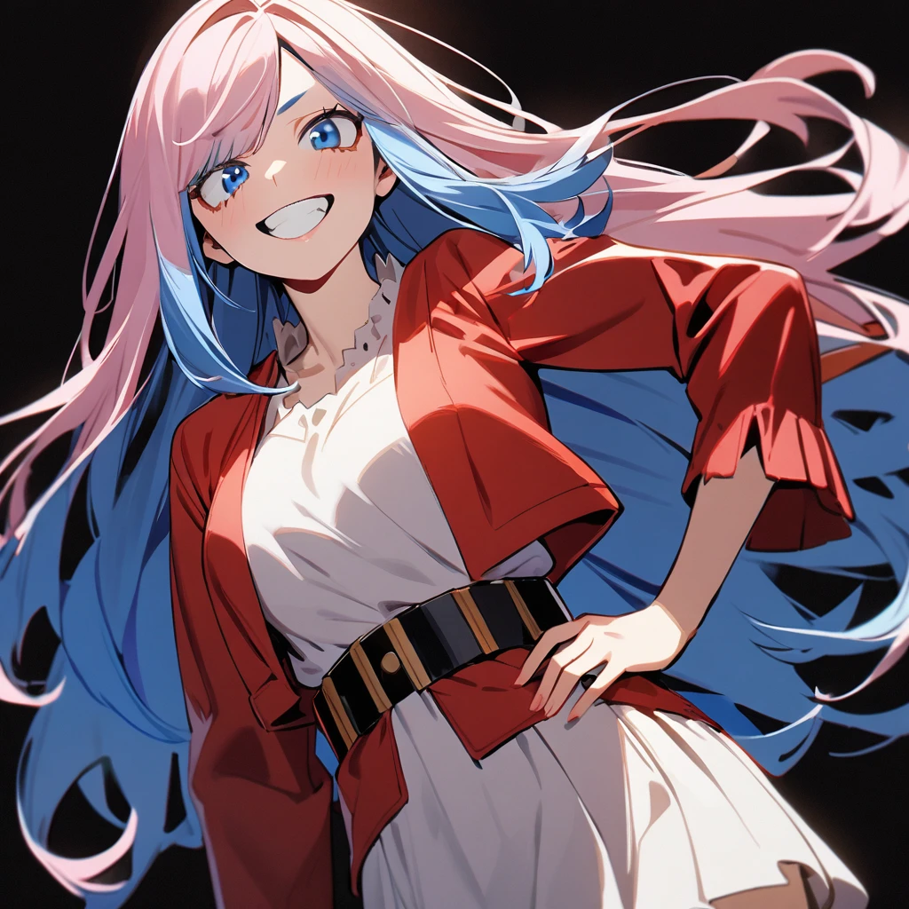1 girl in the style of Boku no Hero, long hair, light pink hair,blue hair tips, light blue eyes (detailded), Grinning,SHORT WHITE BLOUSE, red jacket, hand on the waist, tilted face, black backdrop 