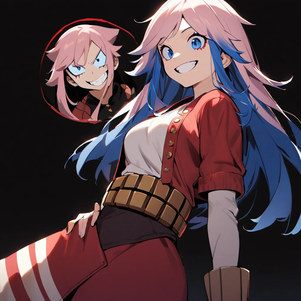 1 girl in the style of Boku no Hero, long hair, light pink hair,blue hair tips, light blue eyes (detailded), Grinning,SHORT WHITE BLOUSE, red jacket, hand on the waist, tilted face, black backdrop