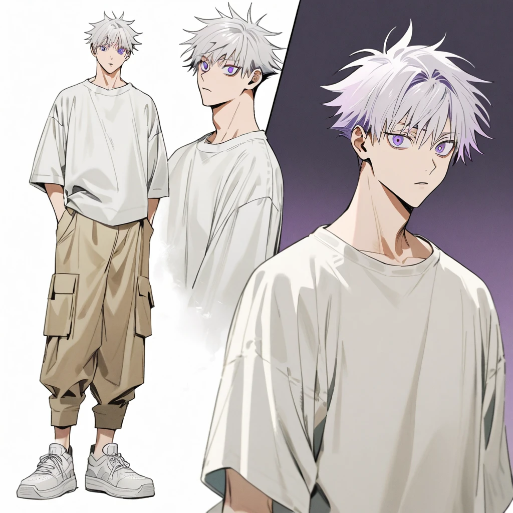 A jujutsu kaisen style boy with white hair with purple highlights, purple eyes he is wearing a basic white blouse, with beige cargo pants under the blouse and white sneakers