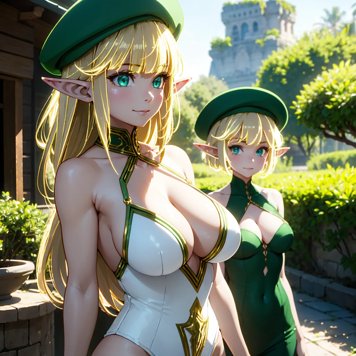 A beautiful muscular female elf, mother, elf, green clothing, cute look, smile, green eyes, awkward gaze, brown hair, tight clothes, elegant clothes, plunging neckline, hands behind back, green hat, detailed portrait, fantasy art, highly detailed, cinematic lighting, intricate details, delicate features, masterful rendering, photorealistic, ethereal beauty, lush environment, natural lighting, vibrant colors