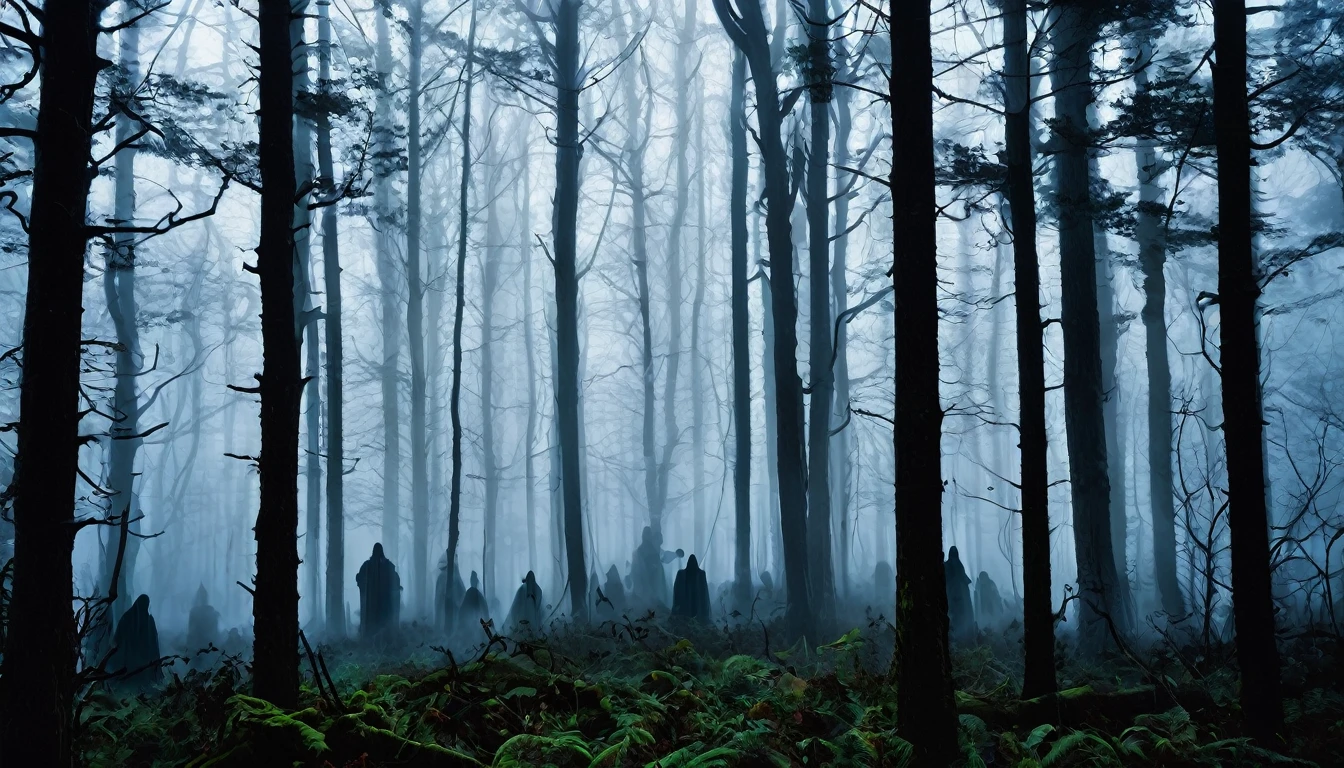 A dark, dense forest with an overlay of mist or fog. Include ghostly figures partially hidden among the trees, with eerie glowing eyes peeking through the darkness.