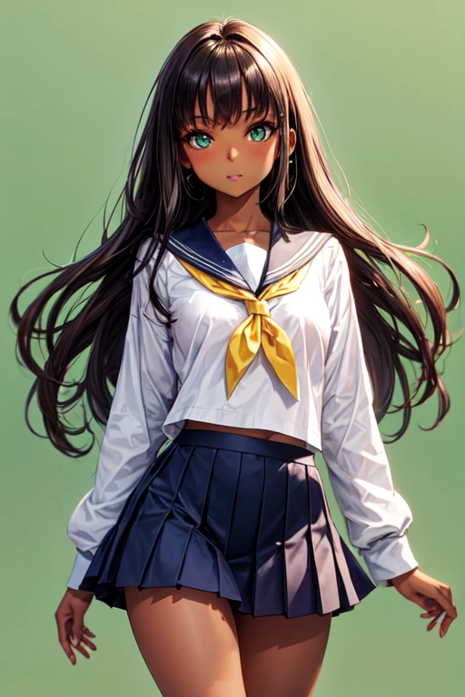 30 year old brunette girl with dark skin , light green eyes and long hair, with school clothes, with green background 