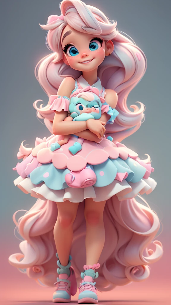 3d illustration, pixar style, cute chibi, baby girl ariana grande blonde hair, blue eyes, pink bow in hair, dress aqua ciano with white dots, bright eyes look like inside out character of movie, candy colors, pastel colors, smiling, glitter, light pink shoes, exuberant
