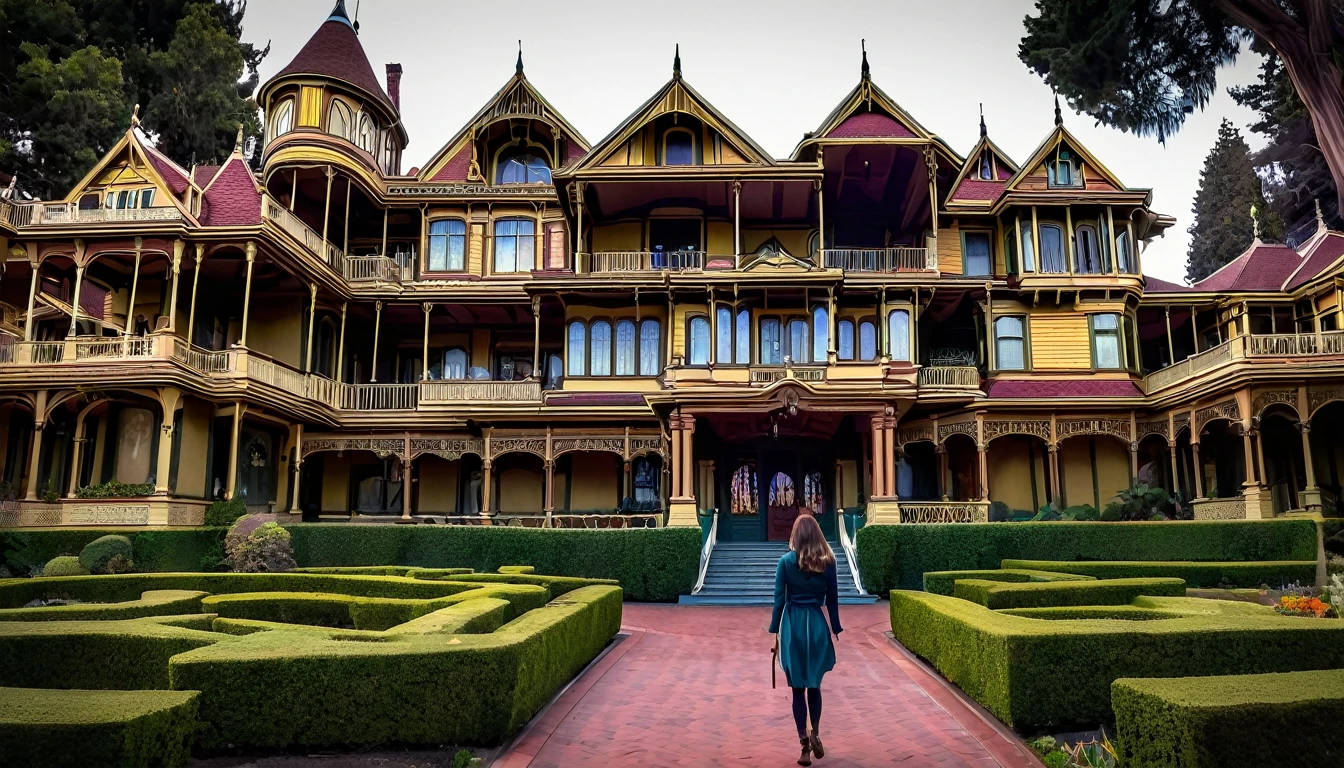A picture of the Winchester Mystery House with an overlay of confusing architectural elements like staircases going nowhere and doors opening into walls. Include a shadowy figure of a woman to represent Sarah Winchester.
