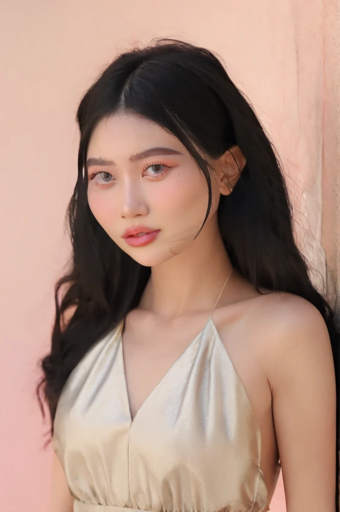 arafed woman with a white dress and a pink background, a pastel inspired by reyna rochin, shutterstock, realism, flawless olive skin, cindy avelino, portrait sophie mudd, portrait of modern darna, beautiful face and flawless skin, very pretty face, good looking face, madison beer girl portrait, violet myers, fair olive skin