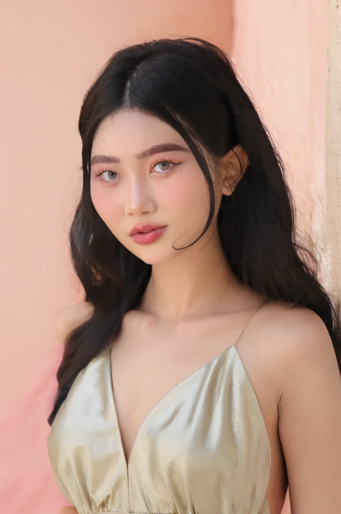 arafed woman with a white dress and a pink background, a pastel inspired by reyna rochin, shutterstock, realism, flawless olive skin, cindy avelino, portrait sophie mudd, portrait of modern darna, beautiful face and flawless skin, very pretty face, good looking face, madison beer girl portrait, violet myers, fair olive skin