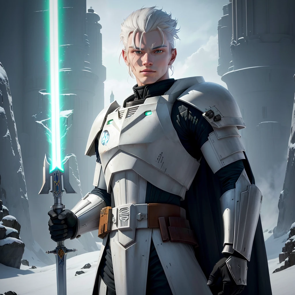 full-body shot, star wars the clone wars art style, young tall and brawny, pale white albino skin, white skin, pale skin, albino skin, subtle grin, long spiky white hair, thick white eyebrows, pink eyes, bastard greatsword, larger thicker flat green plasma blade, metal knight plate armor with a pauldron, bright Coruscant day, space station in the background, solo, in a sword stance, heroic