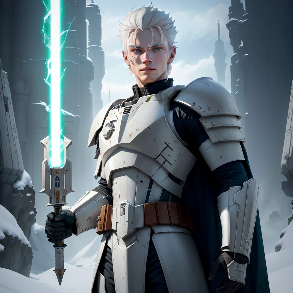 full-body shot, star wars the clone wars art style, young tall and brawny, pale white albino skin, white skin, pale skin, albino skin, subtle grin, long spiky white hair, thick white eyebrows, pink eyes, bastard greatsword, larger thicker flat green plasma blade, metal knight plate armor with a pauldron, bright Coruscant day, space station in the background, solo, in a sword stance, heroic