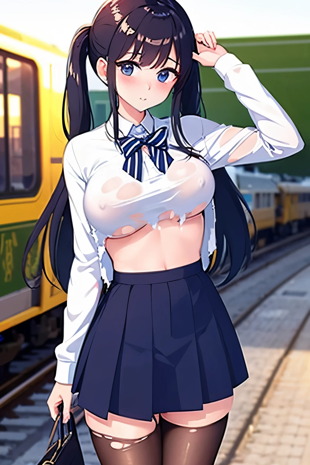 best quality,masterpiece,1girl, solo, (torn clothes:1.3), ,white_capelet, capelet, long_sleeves, shirt, striped_clothes, striped_shirt, pantyhose,,by the railway,blur background,background defocus