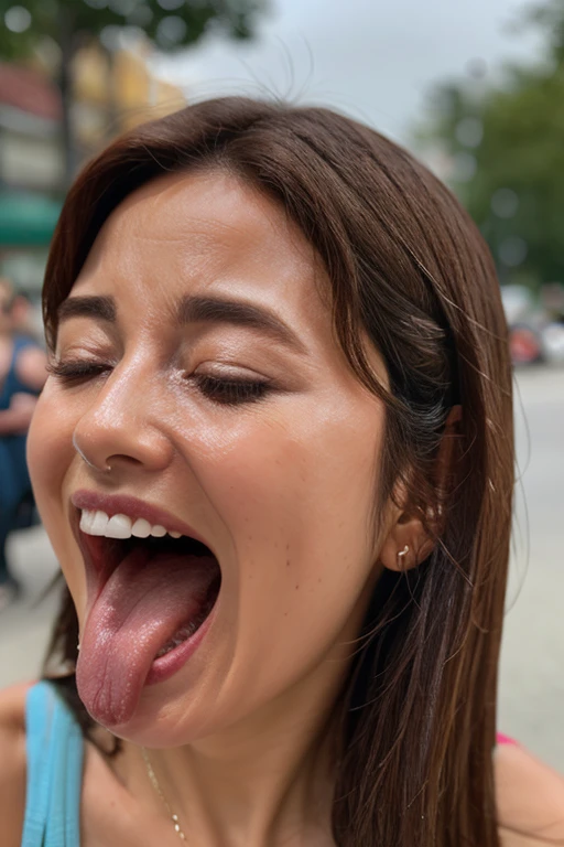 Pieces fly,Award-winning photo, Very detailed, Edge Orgasm, Woman with open mouth and closed eyes , Sweaty skin、Lighting that highlights shiny sweat{{{Spread the word }}}, Black Hair、Browsing Caution,{{{{Crowd of elderly male spectators,Surrounded by men,}}}},(Long, narrow nostrils)、Raise your arms behind your head,