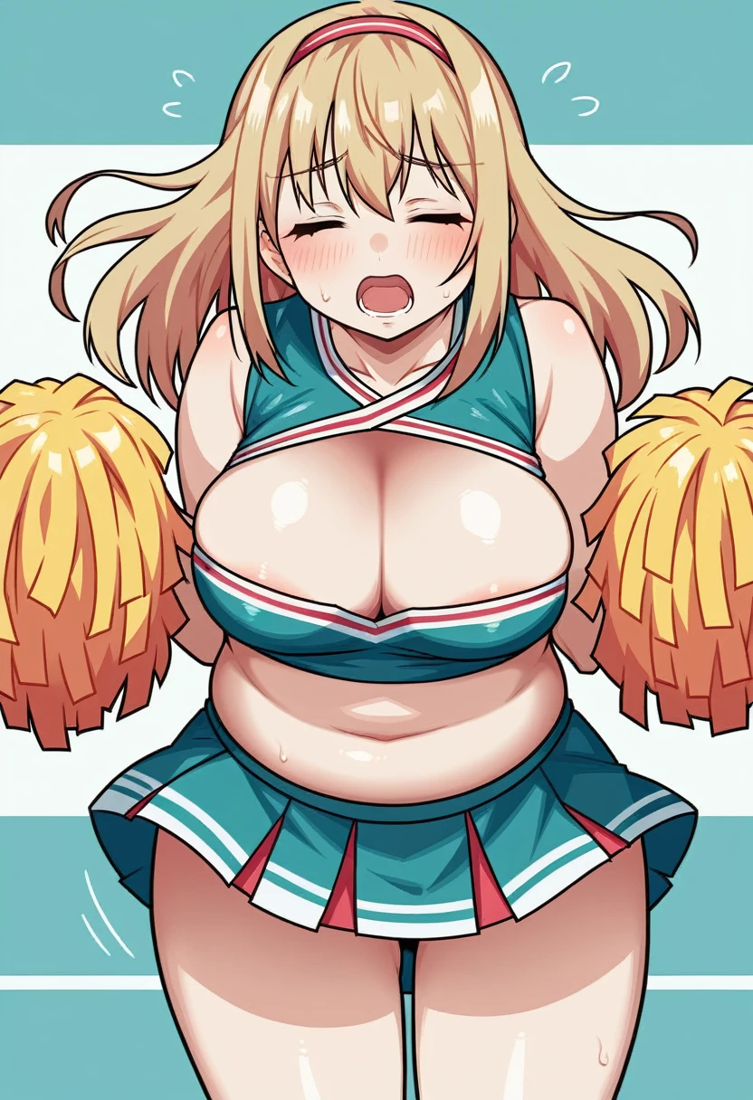 score_9, score_8_up, score_7_up, source_anime, BREAK, (((yew))), , 1girl, solo, chubby, cheerleader, cheerleading uniform, large breasts, cleavage, thicc, blonde hair, closed eyes, bouncing breasts 