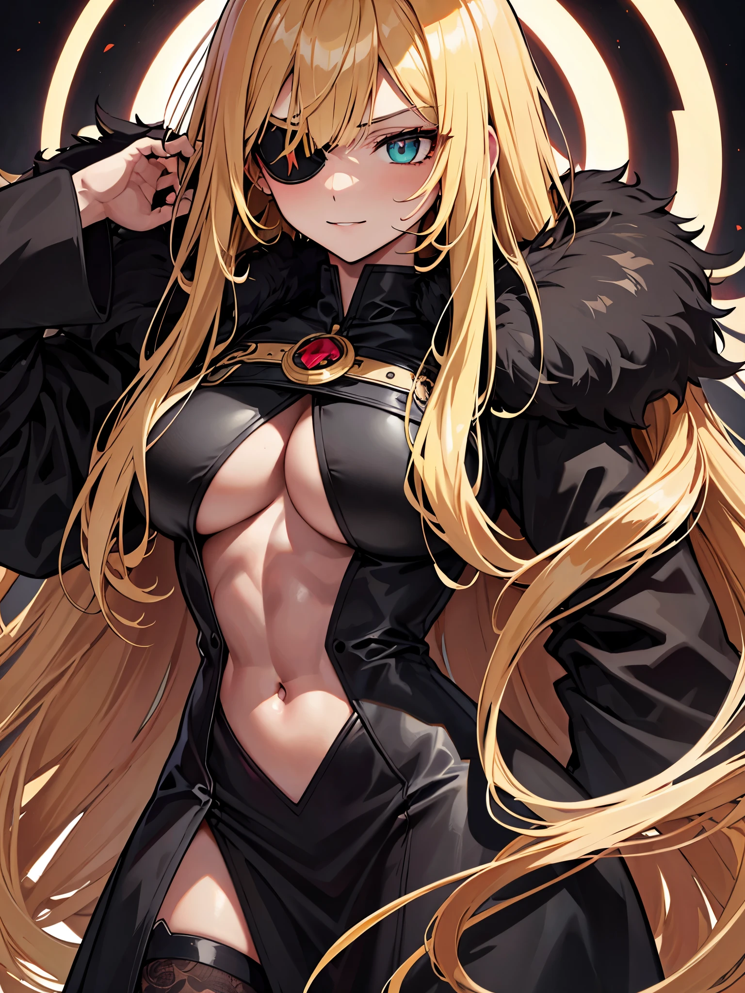 ((masterpiece)), ((best quality)), 1girl, adult, long hair, big bust, ((blonde hair)), very long blonde hair, ((intimidant look)), ((close-up)), profile image, green eyes, black and red clothes, sexy, dark colors, brillant eyes, ((coat with fur)), ((wavy hair)), exposed skin, ((sexy pose)), ((intimidant look)), good anatomy, ((dark sage clothes)), ((straight cut bangs)), emotionless, intimidant, ((beautiful eyes)), dark background, close up, ((detailed eyes)), beautiful eyes, ((detailed face)), hair bang, frontal look, evil, relaxed, smile, magical goddess othinus, abs, detailed face, eyepatch, huge tits, full body, ((detailed))