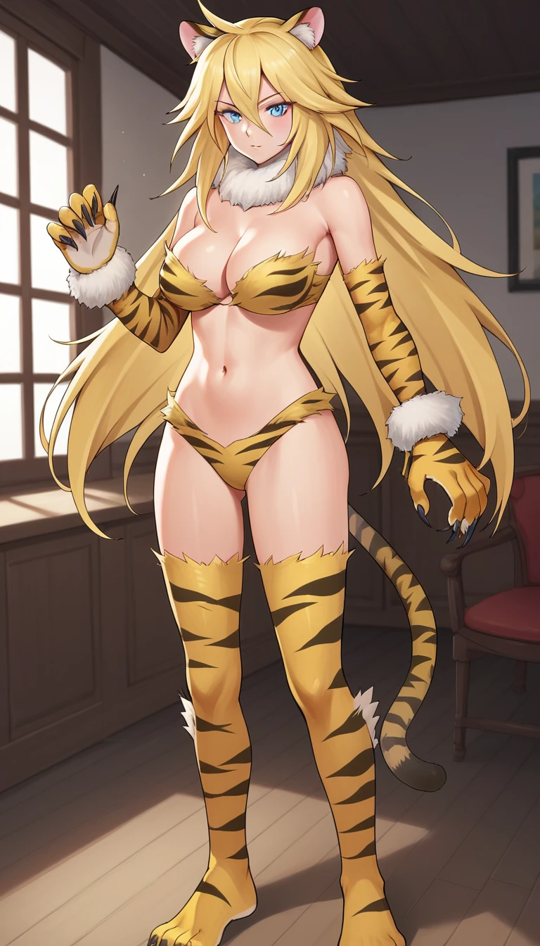 score_9, score_8_up, score_7_up, score_6_up, BREAK, AlmaMSAXL, blue eyes, blonde hair, long hair, hair between eyes, tiger ears, tiger tail, large breasts, fur, fur collar, tiger print, bare shoulders, cleavage, yellow bra, yellow elbow gloves, fur bracelet, animal hands, black claws, yellow panties, yellow thighhighs, tiger feet, solo, standing, looking at viewer, indoors