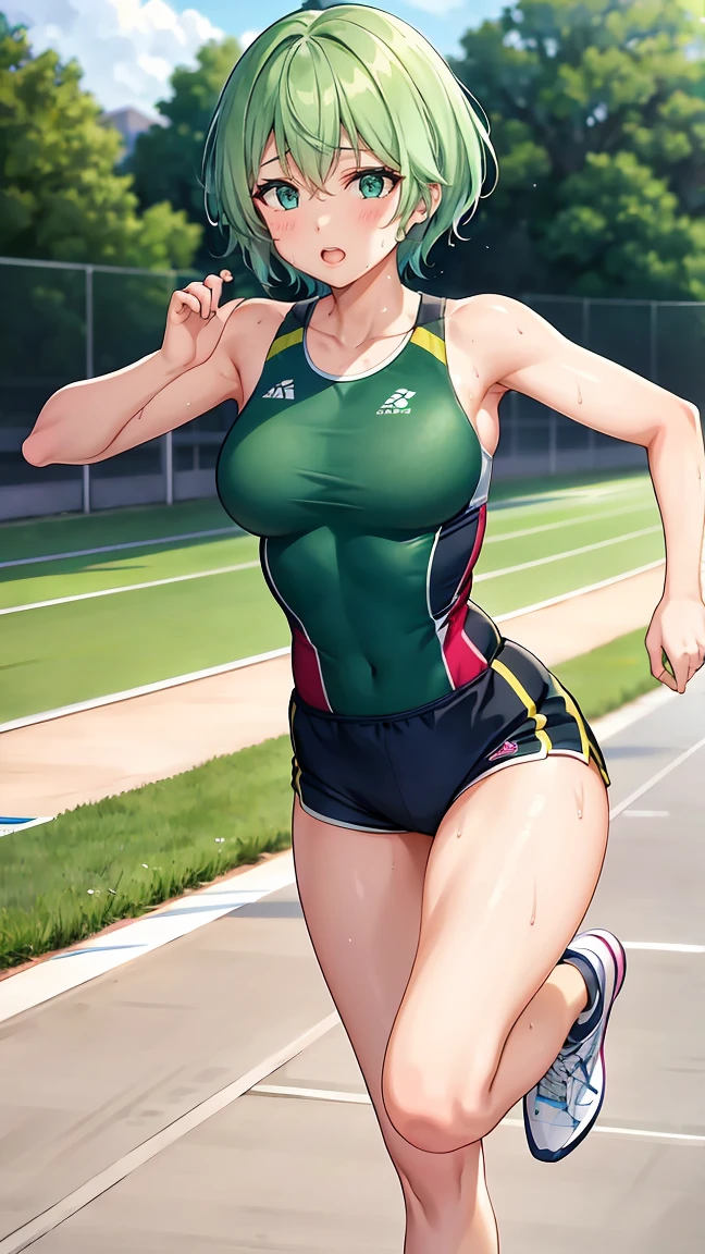Girl with short green hair, Small size breasts,、Green Eyes, 、,Full body photo from head to toe、Track and field athlete、、、Uplifting、Leaning forward、、walk short distance、running、A toned and toned body、Desperate、Sweat、Uplifting、A moving picture、Shorts、Full Strength