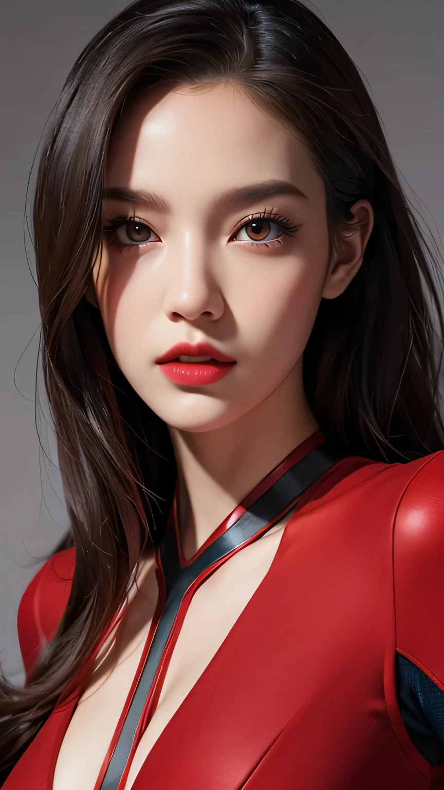 spider-woman, red suit, beautiful eyes, half body, masterpiece, ultra high details