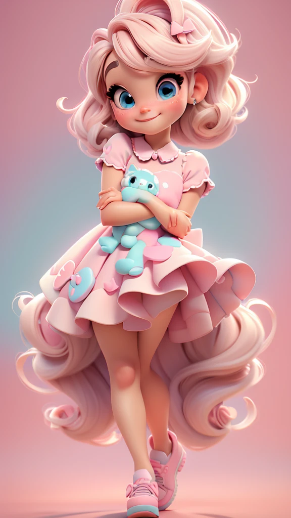 3d illustration, pixar style, cute chibi, baby girl ariana grande blonde hair, blue eyes, pink bow in hair, dress aqua ciano with white dots, bright eyes, candy colors, pastel colors, smiling, glitter, light pink shoes, exuberant
