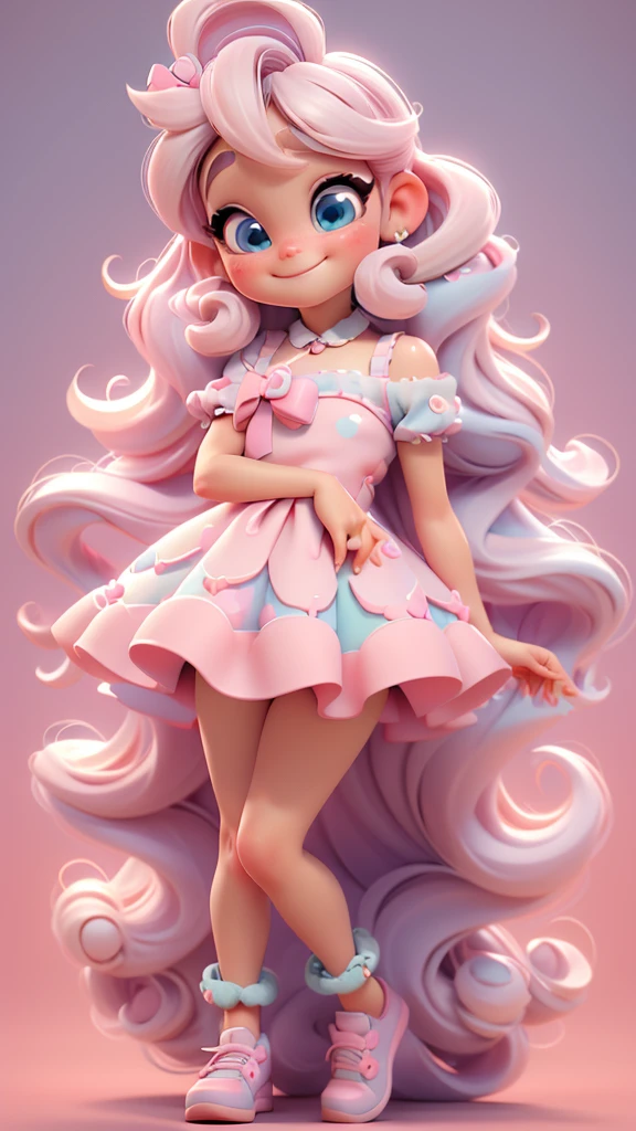 3d illustration, pixar style, cute chibi,  ariana grande blonde hair, blue eyes, pink bow in hair, dress aqua ciano with white dots, bright eyes, candy colors, pastel colors, smiling, glitter, light pink shoes, exuberant
