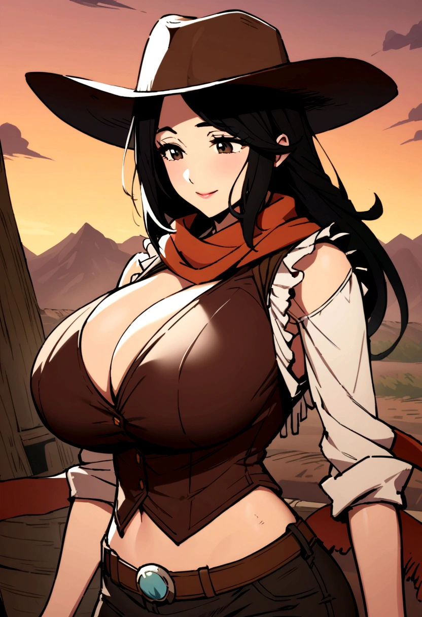 Portrait of beautiful woman in muddy farm:1.2 , cowboy hat, fringed vest , pants, scarf , trust , giant breasts, Western film. all cowboy. huge breasts.