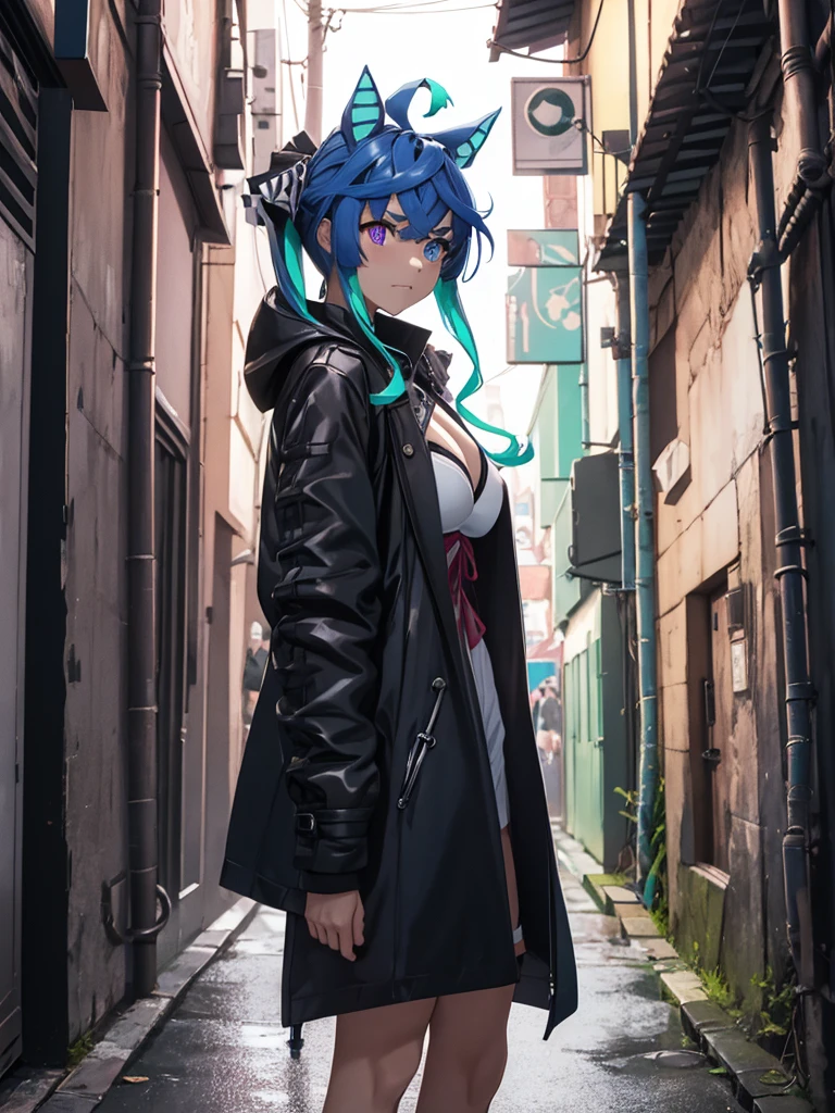 (Masterpiece, best quality, high res、highly detailed cg: 1), In a dimly lit back alley of an imaginary city, a streetwalker is standing confidently. She has flung open a long coat, revealing seductive lingerie or a provocative outfit underneath. The alley is narrow and shadowy, with the faint glow of distant streetlights casting an eerie light. The woman stands with a bold posture, her coat wide open to display her attire, exuding an air of defiance and allure. The background includes graffiti-covered walls and scattered debris, adding to the gritty urban atmosphere. The overall mood is one of stark contrast between the woman's boldness and the harsh environment around her. Twin_Turbo_Umamusume, aqua hair, twintails, heterochromia, purple eyes, blue eyes, sharp teeth, flat chest, (hores tails), mangled smile