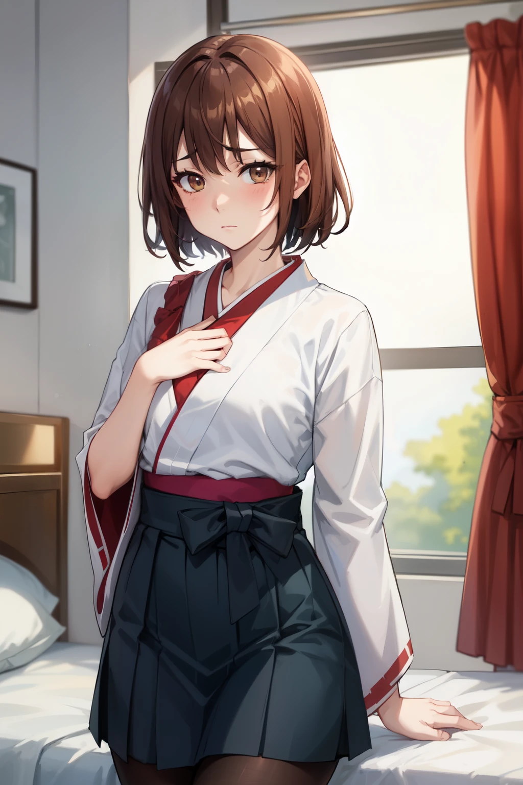 Highest quality, (masterpiece:1.2), Very detailed, 
One girl, alone,
View your viewers, Embarrassed expression, Medium chest, 
Brown eyes, Brown Hair, short hair, Graduation Hakama、pantyhose、Bedroom