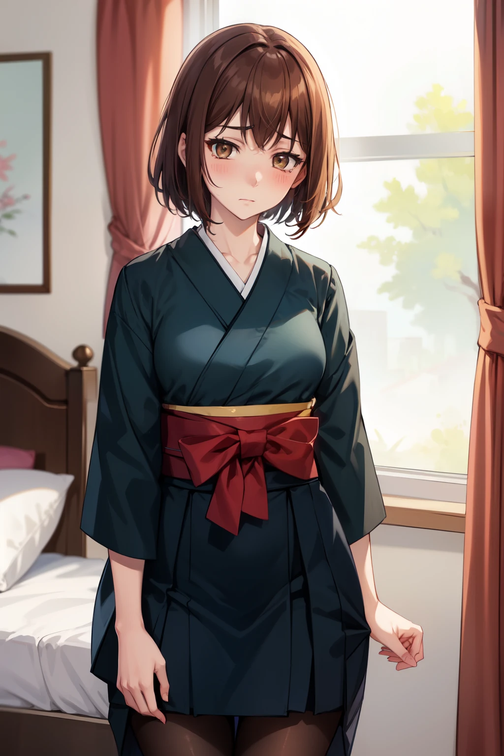 Highest quality, (masterpiece:1.2), Very detailed, 
One girl, alone,
View your viewers, Embarrassed expression, Medium chest, 
Brown eyes, Brown Hair, short hair, Graduation Hakama、pantyhose、Bedroom