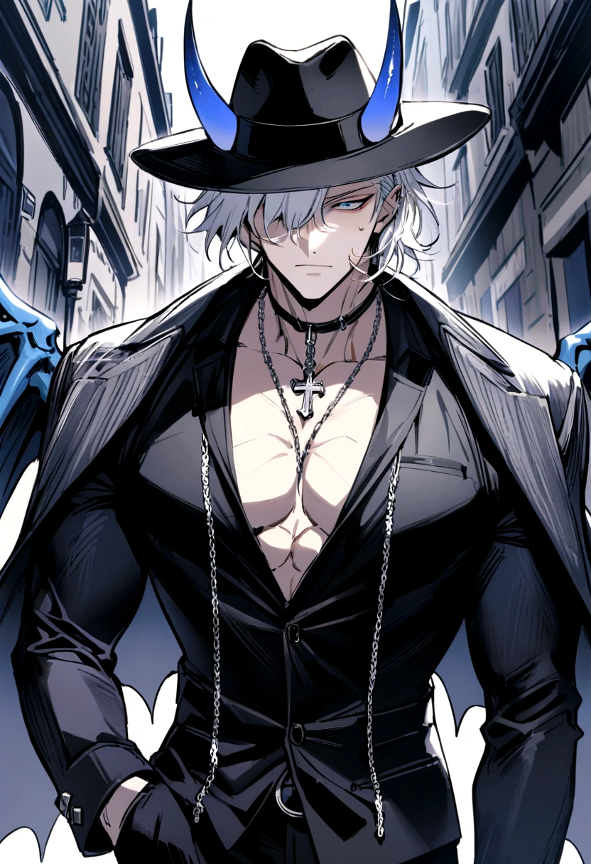 homen,Strong muscles, short white hair, best quality,open chest vest, blue and black clothes, Dragon Wings, black cloth on face, silver cross chain on neck, black fedora hat with blue horns on the hat, in paris