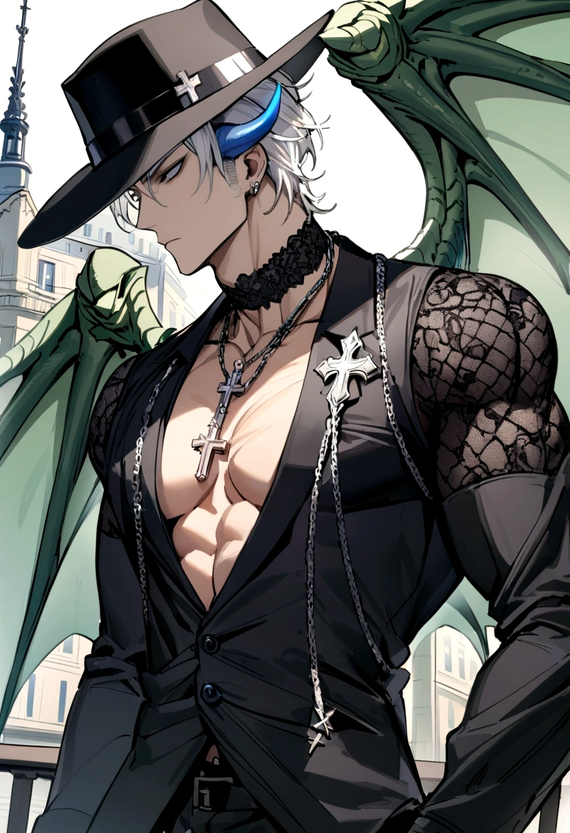 homen,Strong muscles, short white hair, best quality,open chest vest, blue and black clothes, Dragon Wings, black cloth on face, silver cross chain on neck, black fedora hat with blue horns on the hat, in paris