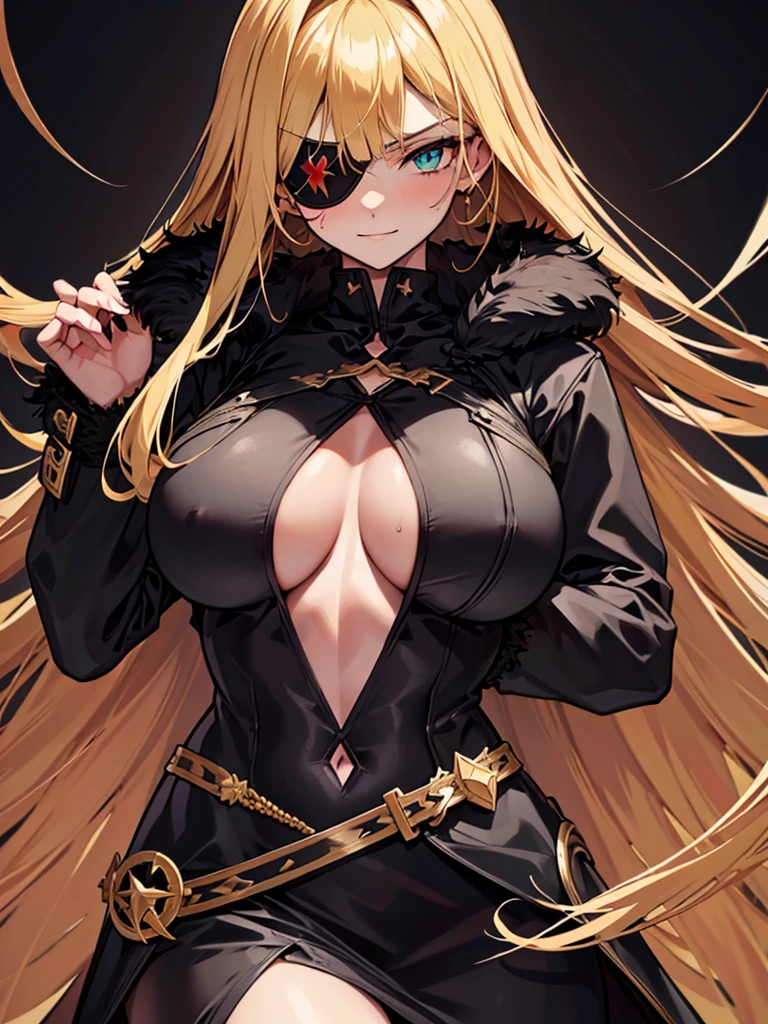 ((masterpiece)), ((best quality)), 1girl, adult, long hair, big bust, ((blonde hair)), very long blonde hair, ((intimidant look)), ((close-up)), profile image, green eyes, black and red clothes, sexy, dark colors, brillant eyes, ((coat with fur)), ((wavy hair)), exposed skin, ((sexy pose)), ((intimidant look)), good anatomy, ((dark sage clothes)), ((straight cut bangs)), emotionless, intimidant, ((beautiful eyes)), dark background, close up, ((detailed eyes)), beautiful eyes, ((detailed face)), hair bang, frontal look, evil, relaxed, smile, magical goddess othinus, abs, detailed face, eyepatch, huge tits, full body, ((detailed))