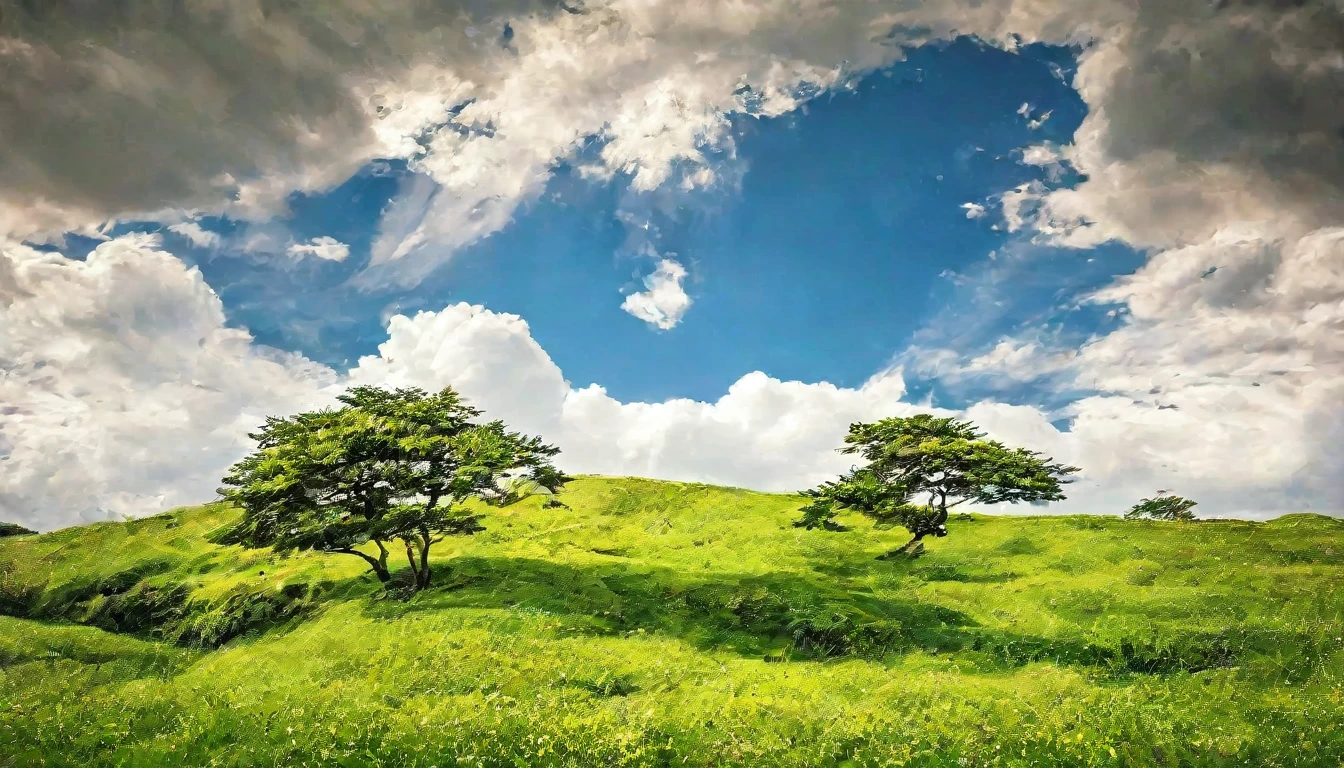 a conceptual art, conceptual art, Samiya, tree, landscape, cloud, outdoor, sky, day, mountain, grass, nature, mssc style, best quality, perfect